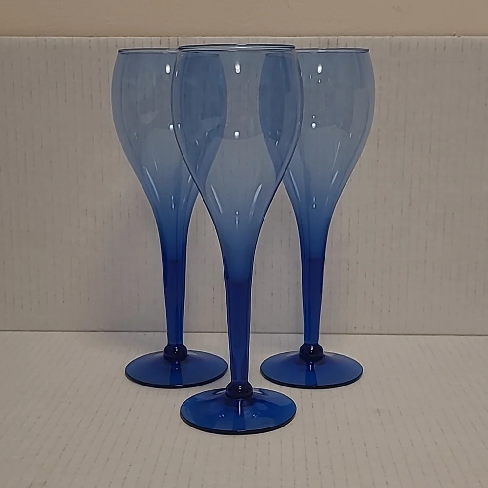 Set of 3 Vintage Blue Wine Glasses